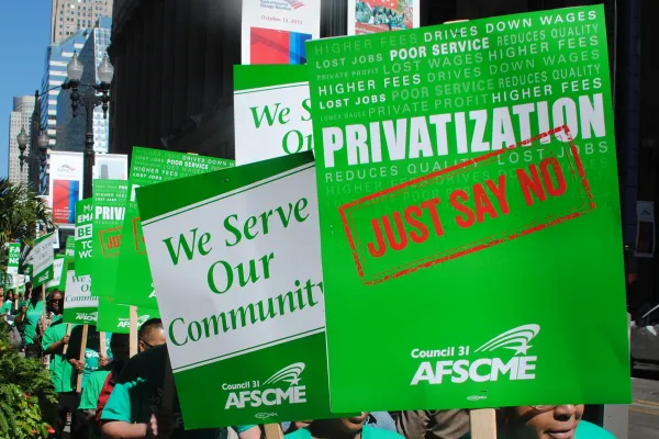 Sign saying "Privatization: Just say no"