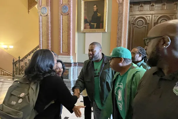 A photo of AFSCME members at the Springfield hearing. 