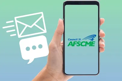 A phone with the AFSCME logo and email and sms icons