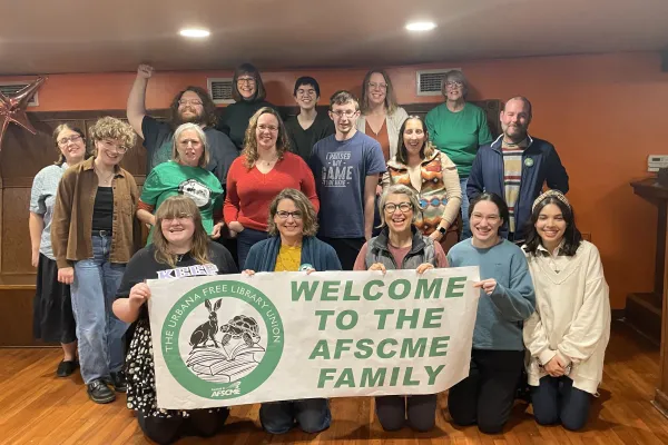 The new AFSCME members at the Urbana Free Library celebrate their union victory.
