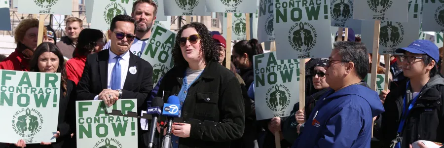 Field Museum workers hold a rally