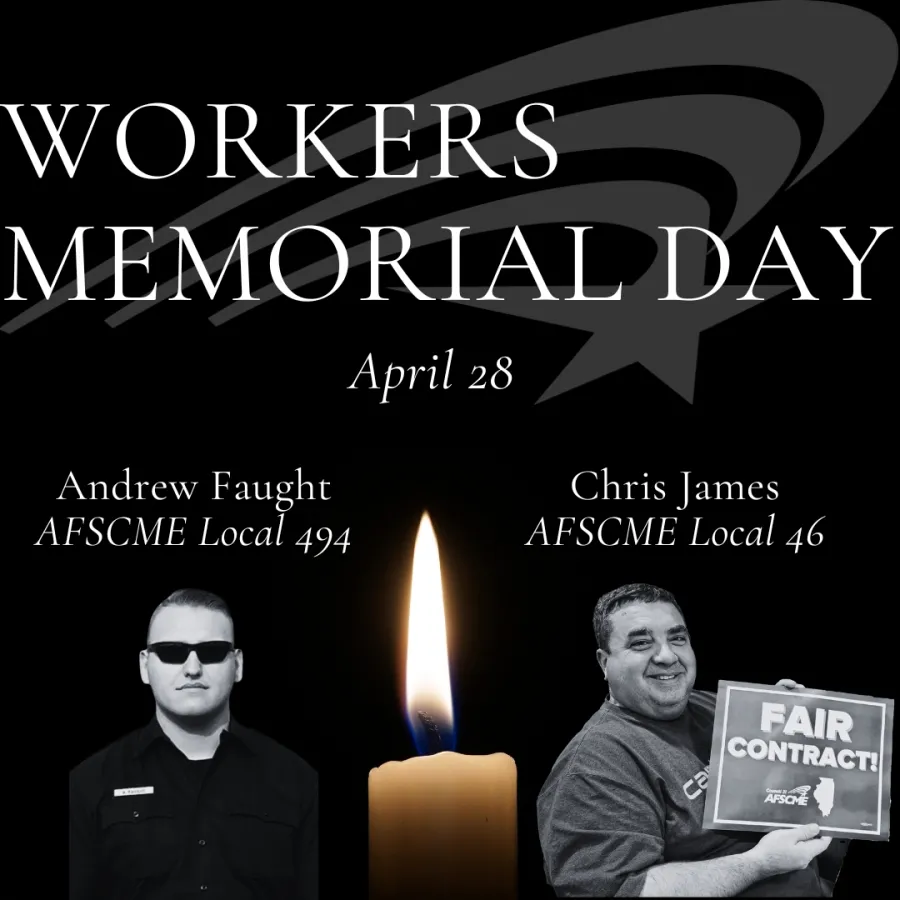 A Workers Memorial Day graphic remembering AFSCME members Andrew Faught and Chris James