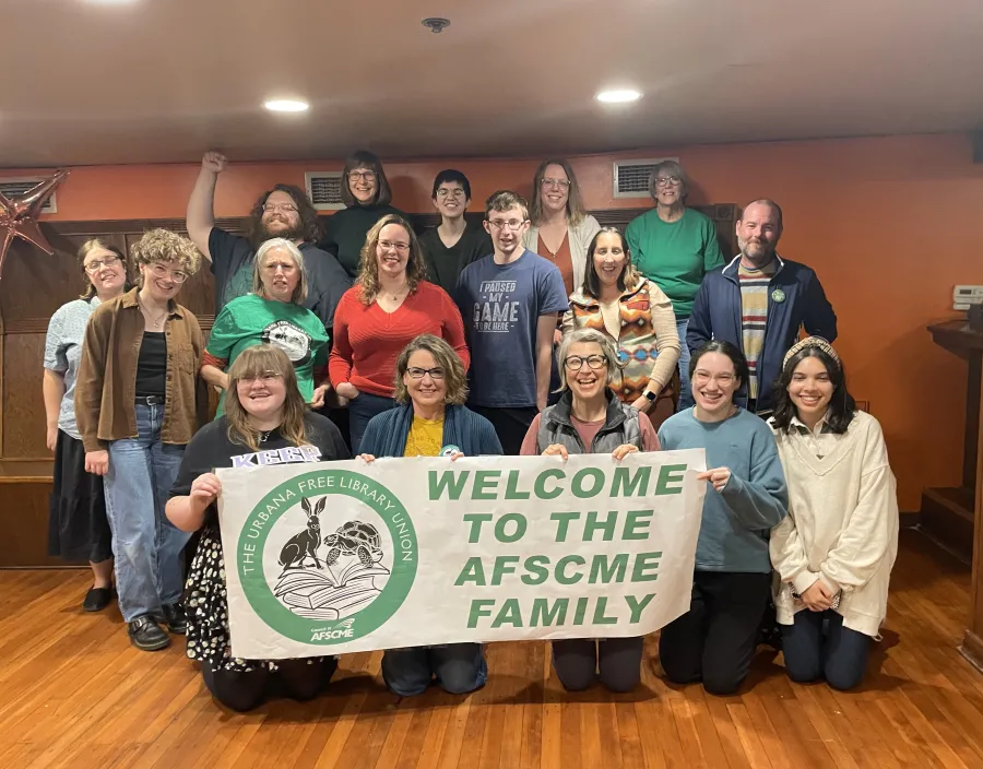 The new AFSCME members at the Urbana Free Library celebrate their union victory.