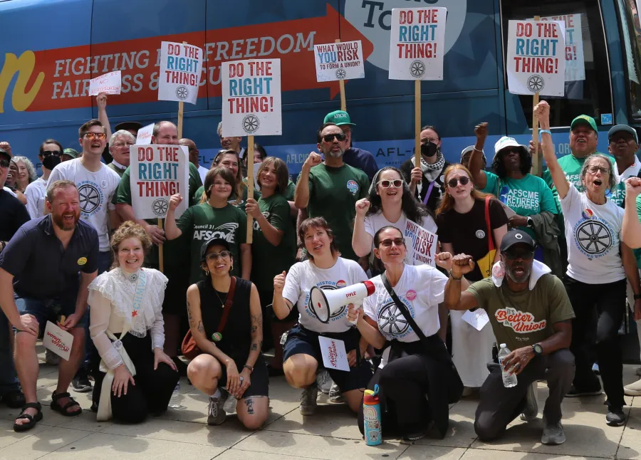 Chicago History Museum employees at a rally outside the museum.